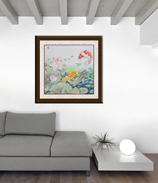 Koi Fish and Lotus Flower Painting living room view