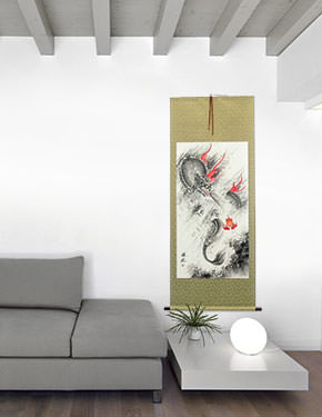 Flying Chinese Dragon Lightning Pearl - Asian Scroll living room view