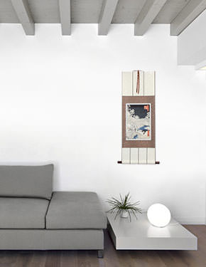 Snowy Bridge Landscape - Japanese Woodblock Print Repro - Small Wall Scroll living room view