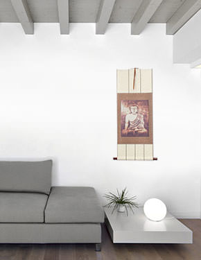 Stone Buddha Print - Wall Scroll living room view