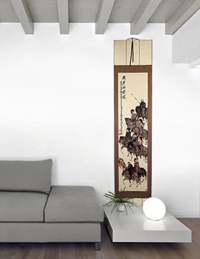 Tang Dynasty Horses and Riders Wall Scroll living room view