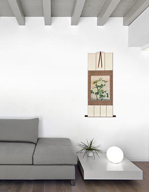 Chinese White Flower Wall Scroll living room view