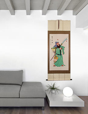 Guan Gong Chinese Warrior Saint Wall Scroll living room view