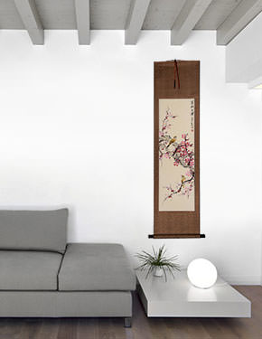 Yellow Birds and Plum Blossoms Wall Scroll living room view