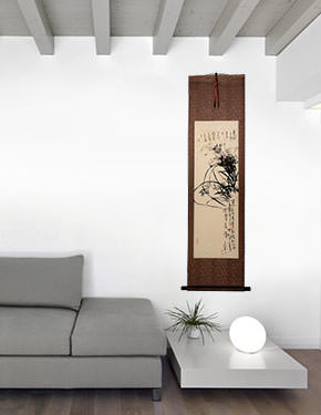 Black Ink Orchid Flower and Poem Wall Scroll living room view