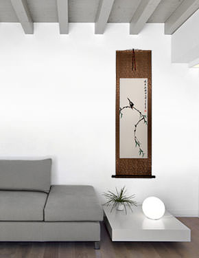 Fresh Breeze Bringing Spring Green to Fill Your Eyes - Bird on Branch - Wall Scroll living room view