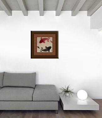 Yin Yang Fish Portrait with Copper Silk Border living room view