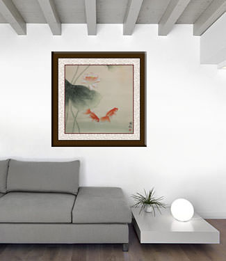Goldfish and Lotus Flower Painting living room view