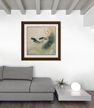 Koi Fish and Lotus Flower Painting living room view