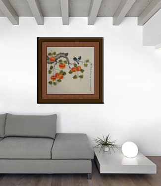 Chinese Birds and Persimmon Fruit Painting living room view
