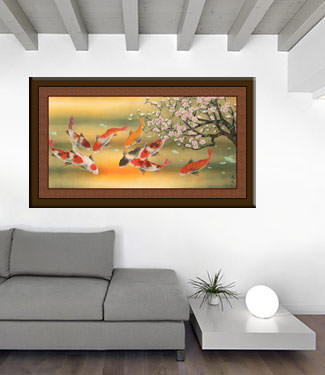 Koi Fish & Plum Blossom - Large Asian Painting living room view