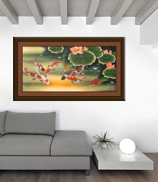 Large Koi Fish and Flower Painting living room view