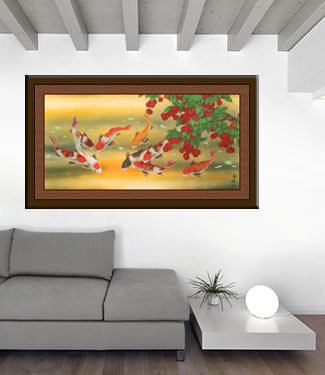 Huge Koi Fish and Lychee Fruit - Extra Large Chinese Painting living room view