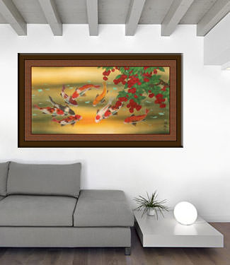 Huge Koi Fish and Lychee Fruit - X-Large Chinese Painting living room view
