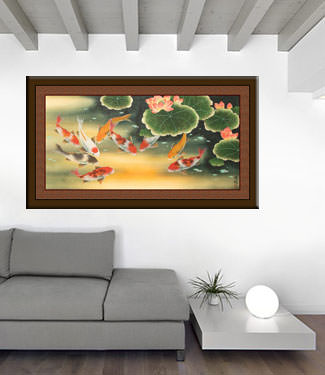 Huge Koi Fish and Lily Vivid Painting living room view