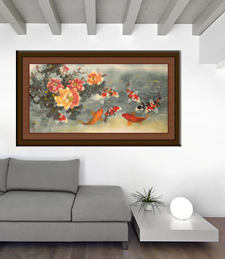 Extra-Wide Koi Fish and Peony Painting living room view