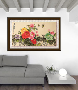 Colorful Peony Flowers Painting living room view