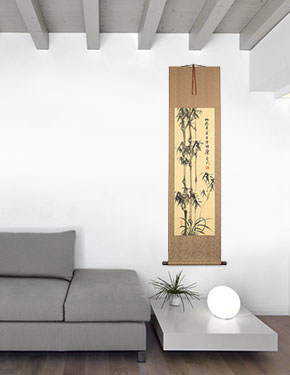 Bamboo Peace and Happiness Daily - Chinese Ink Bamboo Wall Scroll living room view