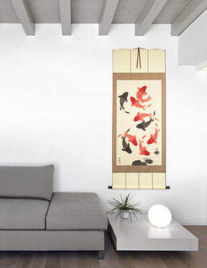 Classic Koi Fish Wall Scroll living room view