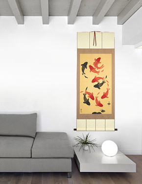 Large Koi Fish Wall Scroll living room view