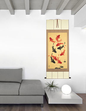 Nine Longevity Koi Fish - Huge Wall Scroll living room view