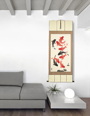 Nine Koi Fish Wall Scroll living room view