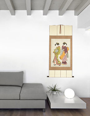 Geisha & Servant Carrying Shamisen - Japanese Print - Jumbo Wall Scroll living room view
