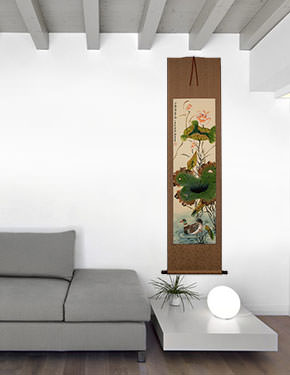 Duck and Lotus Flower Wall Scroll living room view