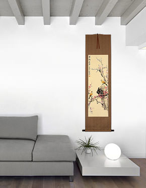 Winter Plum Blossoms - Chinese Bird and Flower Wall Scroll living room view