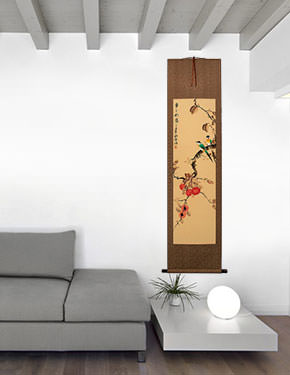 Everything As You Wish - Persimmon and Bird Wall Scroll living room view