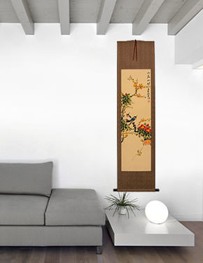 Mountain Flower Brilliance - Bird and Flower Wall Scroll living room view