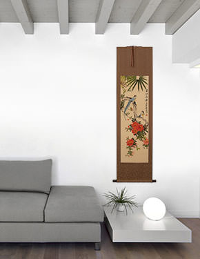 Wind Blows Fragrant Flowers - Bird and Flower Wall Scroll living room view