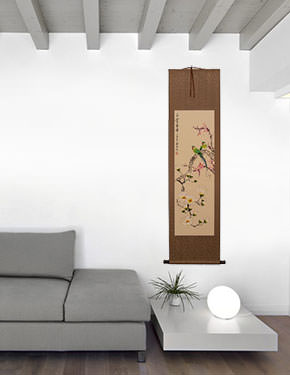 Birds with Yulan Flowers and Plum Blossoms Wall Scroll living room view