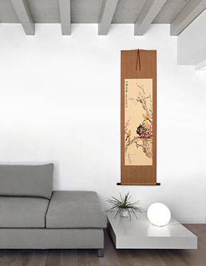 Plum Blossoms Bring Forth Springtime - Bird & Flower Wall Scroll living room view