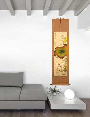 Fragrant Lotus Breeze - Egrets and Lotus Flower Wall Scroll living room view