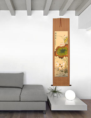 Egret and Lotus Flower Wall Scroll living room view