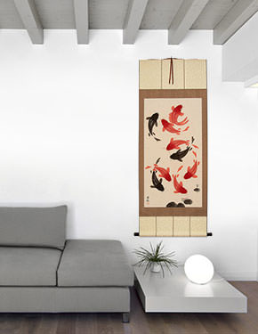Antique-Style Classic Koi Fish - Huge Wall Scroll living room view