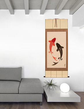 Giant-Sized Yin Yang Fish Two-Toned Wall Scroll living room view