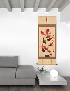 Nine Koi Fish - Large Wall Scroll living room view