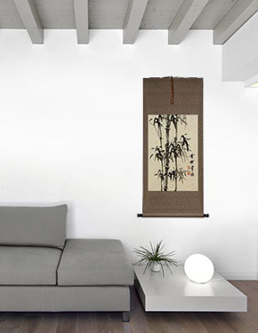 Large Black Ink Chinese Bamboo Wall Scroll living room view