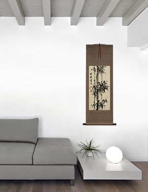 Black Ink Asian Bamboo Wall Scroll living room view