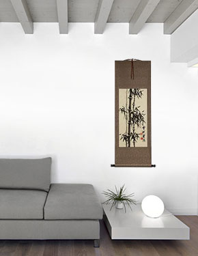 Black Ink Asian Bamboo Wall Scroll living room view