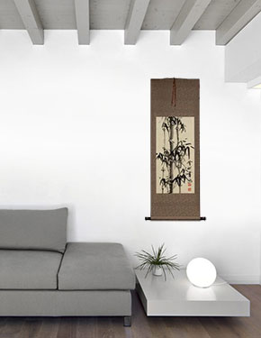 Black Ink Asian Bamboo Wall Scroll living room view