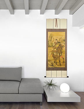 Guan Gong Warrior Saint on Horseback - Large Wall Scroll living room view