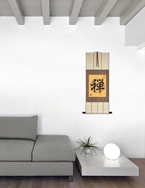 Zen Japanese Kanji - Buddhist Orange Giclee Print Wall Scroll living room view