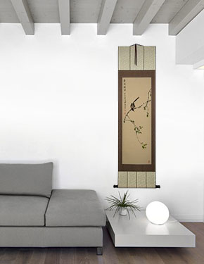 Spring Arrives on Branches - Bird and Flower Wall Scroll living room view